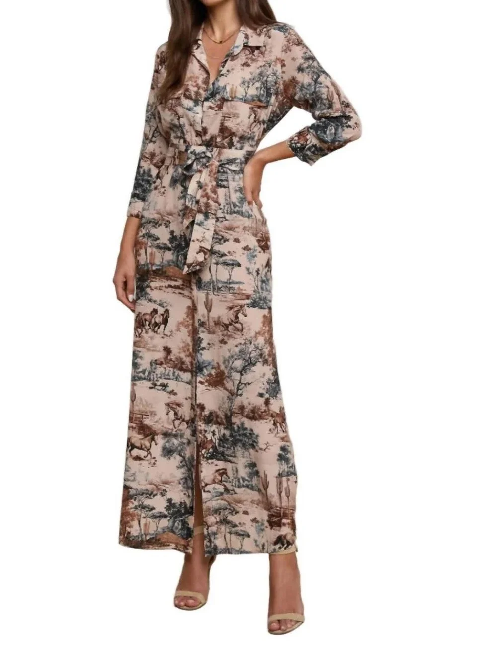L'AGENCE Cameron Silk Shirt Dress In Tan Multi Western Toile Medium